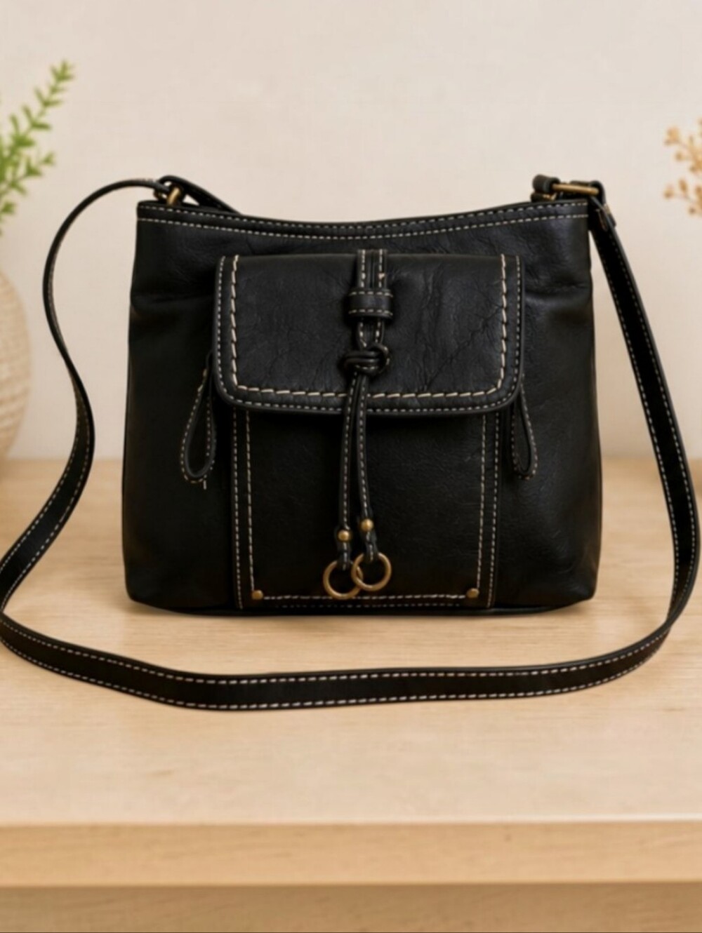 B.O.C. Black Organizer Crossbody Bag Contrast Stitch Multi Pocket